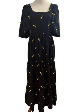 Lucca Couture Size S Women's Flower Embroidered Black Maxi Cotton Dress NWT  Pit